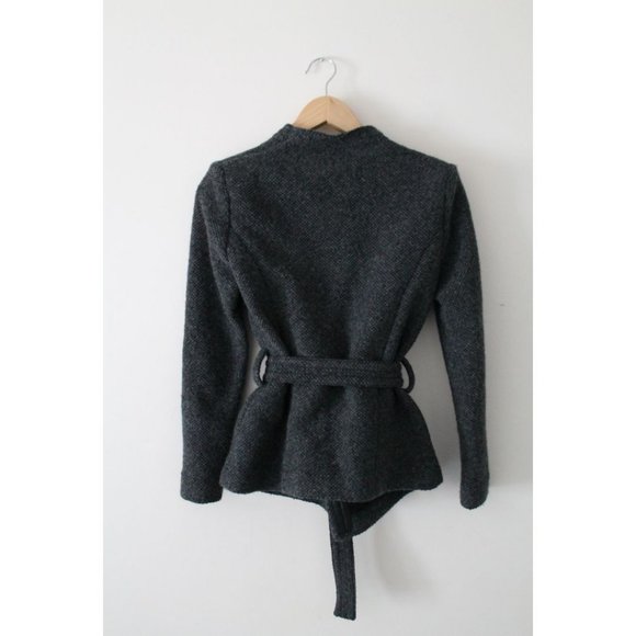 IRO Cooley Tweed Belted Jacket Grey Size 38 Medium Wool Lamb Leather Trim - Picture 4 of 8